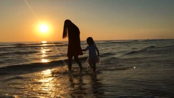 Anne ve çocuk denize yakın yürüme siluet video. — Stok video