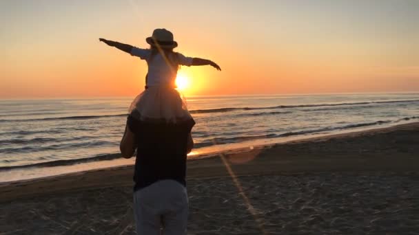 Father and daughter flying on the beach. — Stock Video