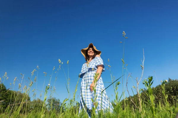 Uma Mulher Vestido Azul Chapéu Palha Está Campo Vida Sem — Fotografia de Stock