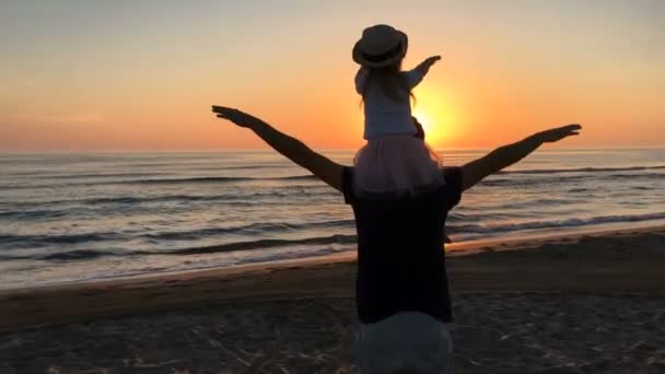 Padre e figlia che volano sulla spiaggia . — Video Stock