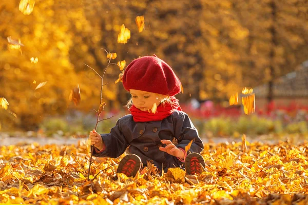 Щаслива осінь. Маленька дівчинка в червоному береті грає з Фаллі — стокове фото