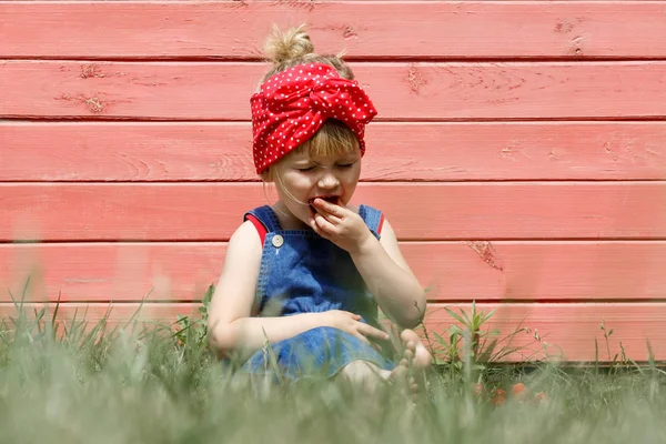 Een klein meisje in een tuinbroek eet aardbeien in de tuin. S — Stockfoto