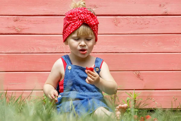 Niña está comiendo fresas dulces en un día soleado . —  Fotos de Stock