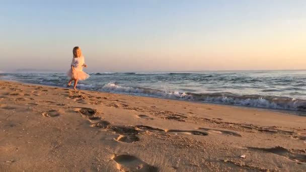 Kleines Mädchen läuft am Strand zu ihrer Mutter. — Stockvideo
