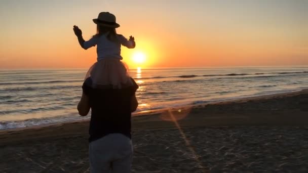 Father and daughter flying on the beach. — Stock Video