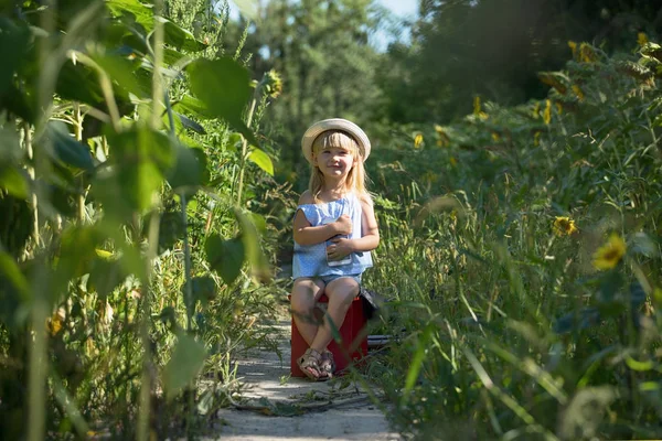 Petite fille utilise un téléphone portable sur le terrain . — Photo