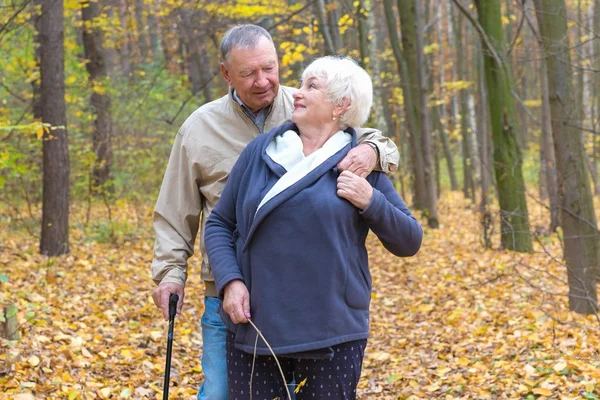 Feliz pareja de ancianos caminando en un parque de otoño — Foto de Stock