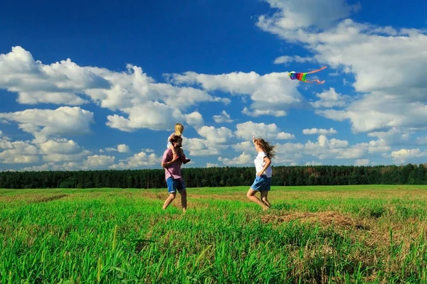 Мати, батько і дочка летять на повітряному змії в полі . Стокове Фото