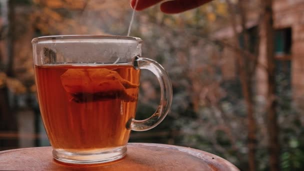 紅茶バック グラウンドで秋の木のテーブルの上のガラスのコップを持ち上げるを手伝って — ストック動画