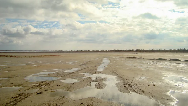 Gedroogd zand estuarium onder de grenzeloze bewolkte hemel. Rechtenvrije Stockafbeeldingen