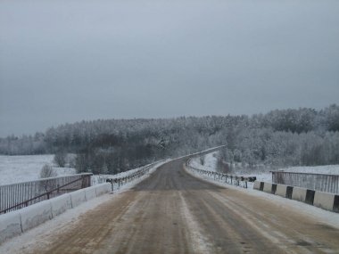 Bir gra üzerinde kışın orman kenarında nehir üzerinde yol köprüsü