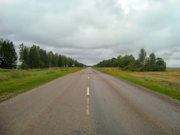 Estrada de asfalto direto através do campo sob o céu, no wh — Fotografia de Stock