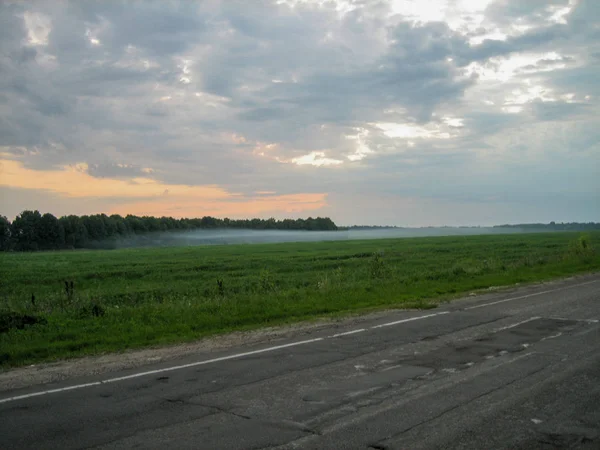 Nebbia serale si diffonde attraverso il campo lungo la strada . — Foto Stock