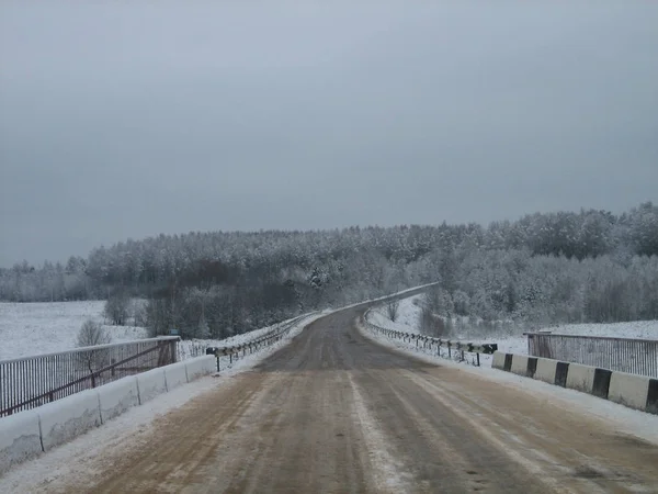 Puente de carretera sobre el río en el borde del bosque en invierno en un gra Imagen De Stock