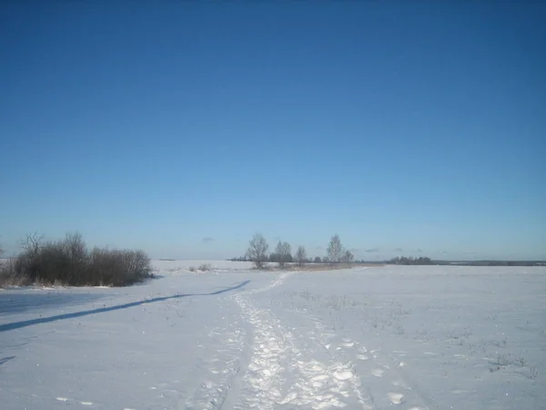 Estrada de inverno em um campo plano limpo em um dia gelado claro . — Fotografia de Stock