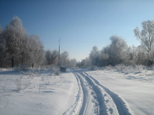 Strada invernale in una chiara giornata gelida . — Foto Stock