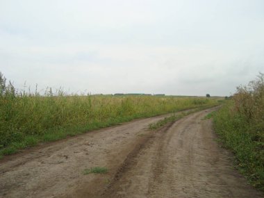 Bir altında günün sonunda çim düz bir alanda Kir yol