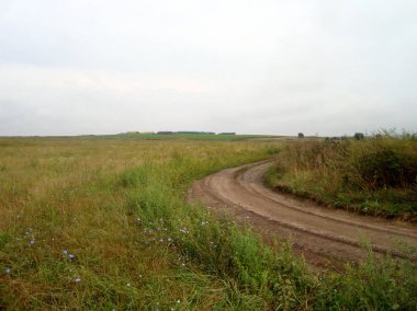 Bir altında günün sonunda çim düz bir alanda Kir yol