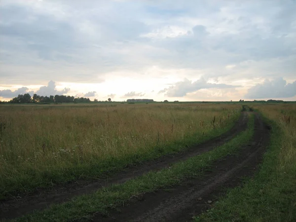 Dirt road on a flat field of grass at the end of the day under a — ストック写真