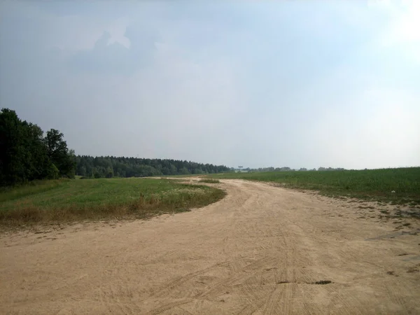 Ampia strada sterrata attraverso il campo lungo la fitta foresta su una somma — Foto Stock