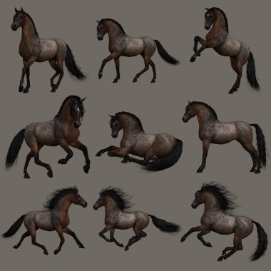 3d computer graphics of nine poses of a Hancock Roan horse clipart