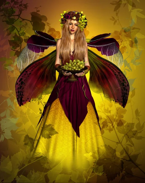 Computer Graphics Blond Elven Maiden Bowl Grapes — Stock Photo, Image