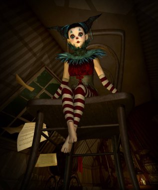 3d computer graphics of a lLittle clown sitting on a chair in a loft clipart