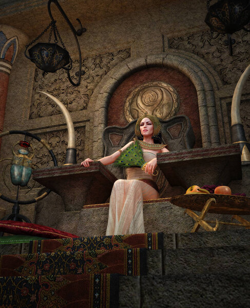 3D computer graphics of a young woman with ancient Egyptian makeup and clothing, sitting on a throne