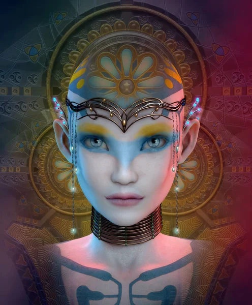 三维计算机图形学的一个外星女人与头饰和项链 — 图库照片