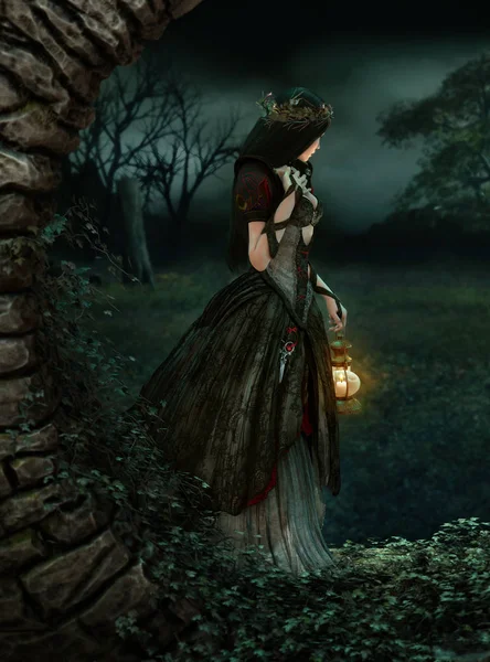 3d computer graphics of a woman with a gothic fantasy gown and a lantern in her hand
