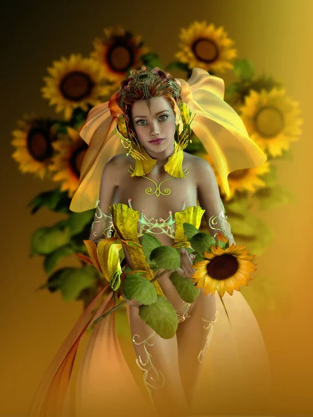 Sunflower Maid, 3d CG — Stock Photo, Image