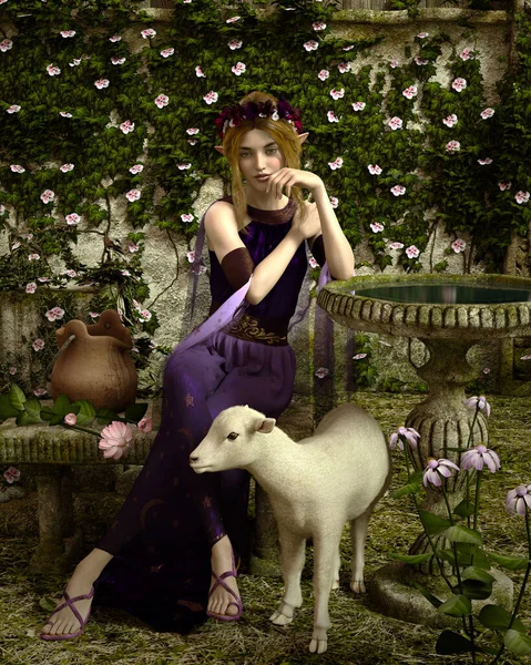 一个仙女和一只小羊羔在花园里的3D计算机图形 — 图库照片