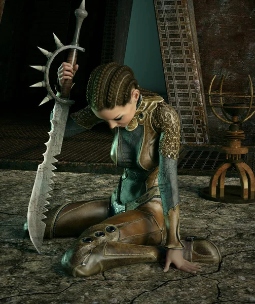 一个身穿奇装异服 手持宝剑的女战士的3D计算机图形 — 图库照片