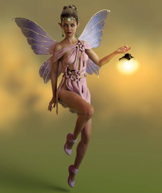 Elinde fener olan bir perinin 3 boyutlu bilgisayar grafikleri.