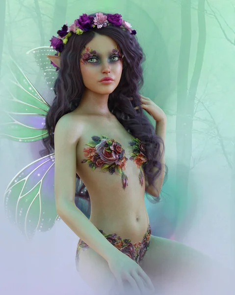 一个长着翅膀和花环的可爱仙女的3D计算机图形 — 图库照片