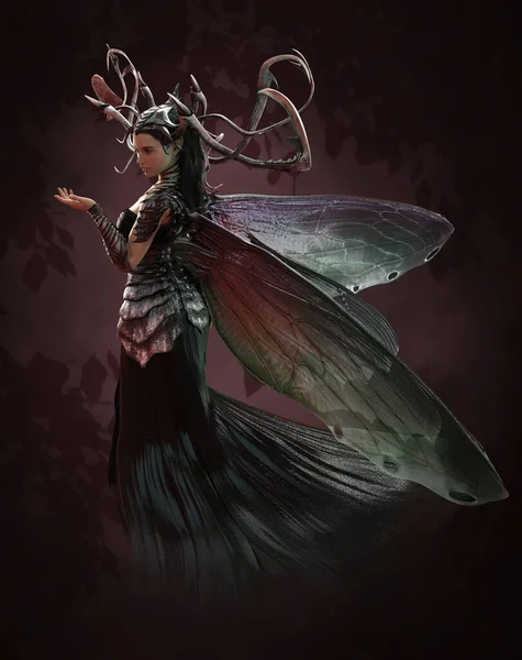 具有蜻蜓翅膀和鹿角头像的仙女3D计算机图形 — 图库照片