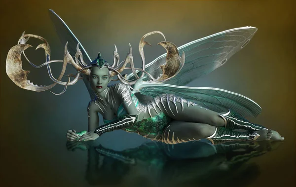 Computer Graphics Female Elf Dragonfly Wings Headdress Antlers — Stock Photo, Image