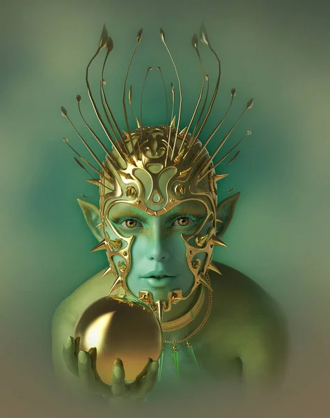 一个有着金球和头饰的神秘生物的3D计算机图形 — 图库照片