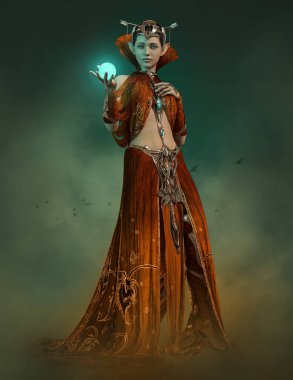 Portakal rengi fantezi elbisesi ve elinde parlak bir küre olan bir bayanın 3 boyutlu bilgisayar grafikleri.