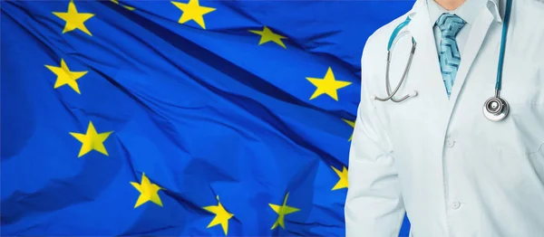 Concept of national health care and medicine system in EU. Confident professional doctor in white coat with stethoscope — Stock Photo, Image