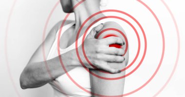 Akut omuz ağrısı. El Dokunmatik acı noktası. Ağrı alan kırmızı ile vurgulanacaktır. Sağlık ve tıp kavramı, siyah beyaz resim