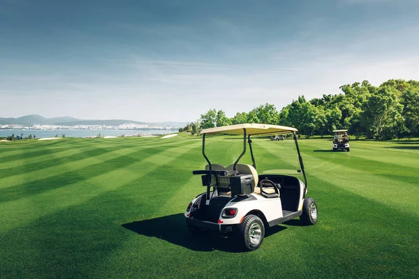 Golfcars Montando Campo Golf Verde —  Fotos de Stock