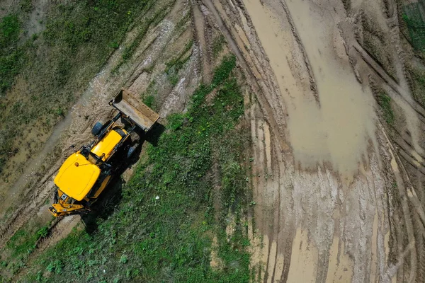 Novo Bulldozer Construção Amarelo Canteiro Obras Durante Trabalho Disparado Por — Fotografia de Stock