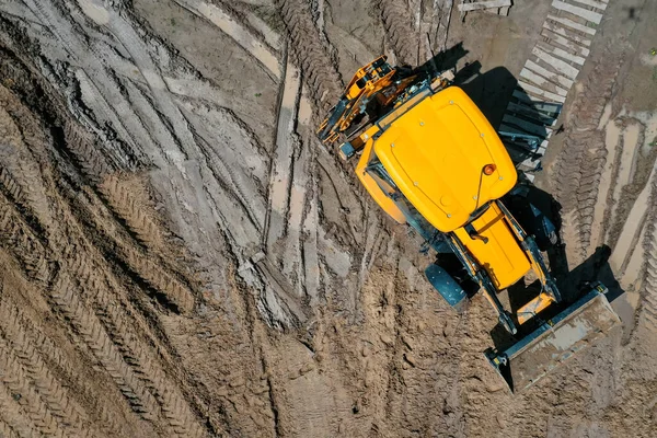 Nuovo Bulldozer Giallo Costruzione Cantiere Durante Lavoro Sparato Drone Altezza — Foto Stock