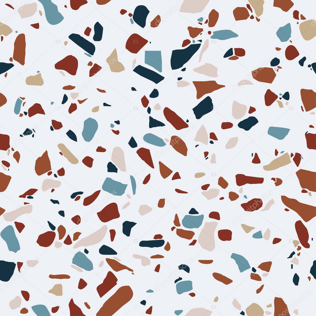 Terrazzo flooring, seamless pattern. Polished pebble stone tile. Bright and modern abstract background. Vector texture