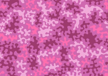 Moda kamuflaj deseni. Askeri kumaş tasarım. Sorunsuz arka plan, giyim, camo tekrar Yazdır maskeleme. Mor ve pembe renk. Vektör duvar kağıdı.