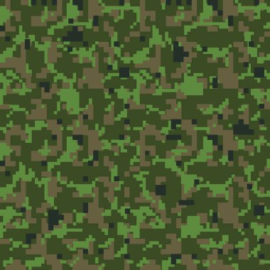 Piksel camo. Sorunsuz kamuflaj deseni. Askeri kamuflaj doku. Yeşil, kahverengi. Orman, asker, kamuflaj. Vektör kumaş tekstil baskı tasarımları. Yeşil camo 8 bit.  
