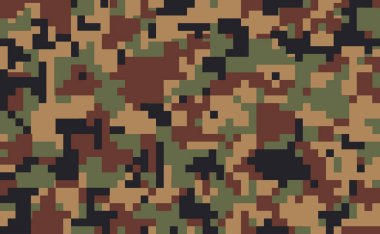 Piksel camo. Sorunsuz kamuflaj deseni. Askeri kamuflaj doku. Yeşil, kahverengi. Orman, asker, kamuflaj. Vektör kumaş tekstil baskı tasarımları. Yeşil camo 8 bit.  