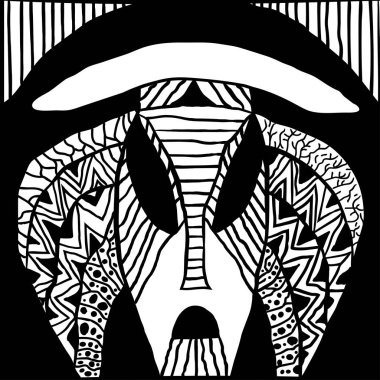 Etnik kabile maskesi. Geleneksel ritüel maske antik kabilelerin ve dinlerin yerli şamanları Voodoo Afrika, Amerika ve Avustralya. Siyah ve beyaz el çizimi vektör çizimi.