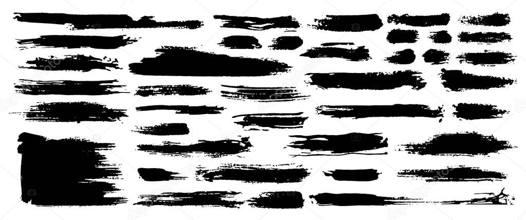 Set of black paint, ink, grunge, dirty brush strokes. Dirty artistic design element, box, frame or background for text. Isolated on white background. Vector set of grunge brush strokes.